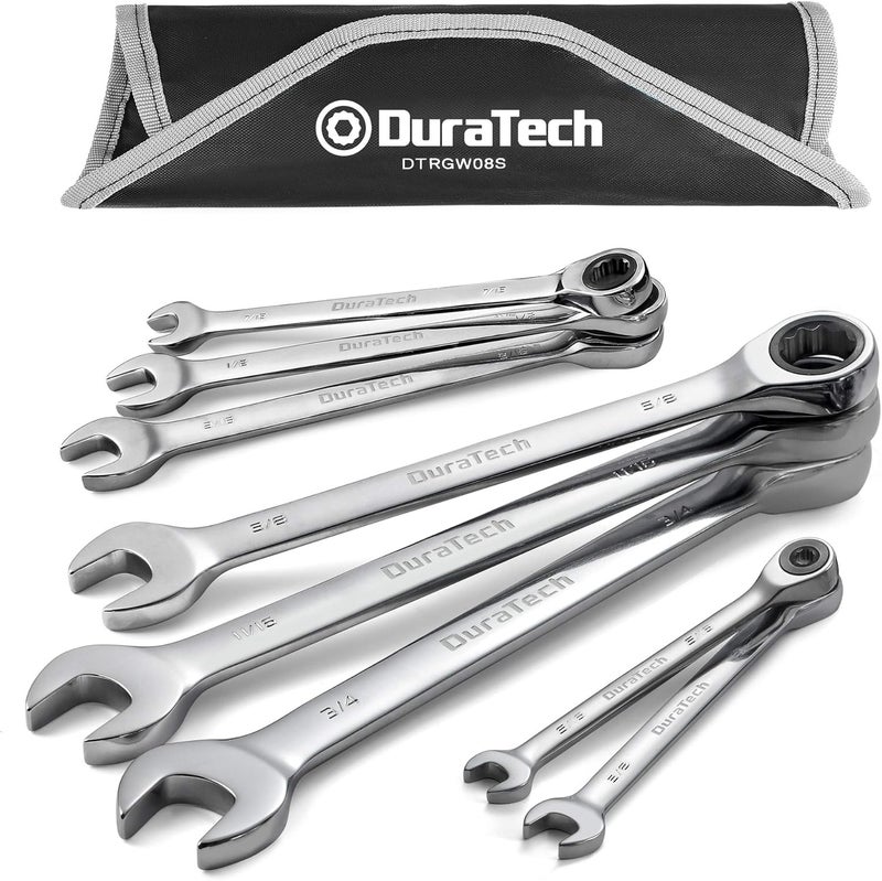 DURATECH Ratcheting Wrench Set, Combination Wrench Set, SAE, 8-piece, 5/16" to 3/4", CR-V Steel, with Pouch - Image 1